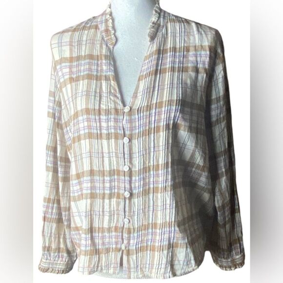 TROVATA Birds of Paradis Finley Parchment Plaid Ruffled Pintuck Button Down Blou - Picture 1 of 6
